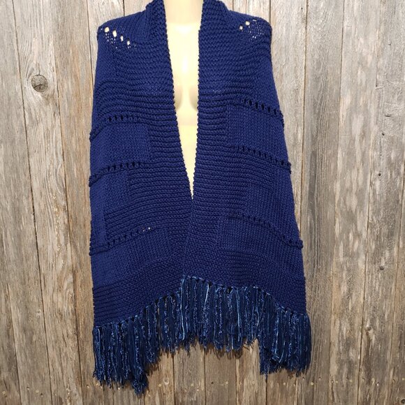 NEW Navy Blue Mix Stitch Hand Knit Knitted Shawl Wrap Scarf Eyelet Topper - Picture 3 of 9